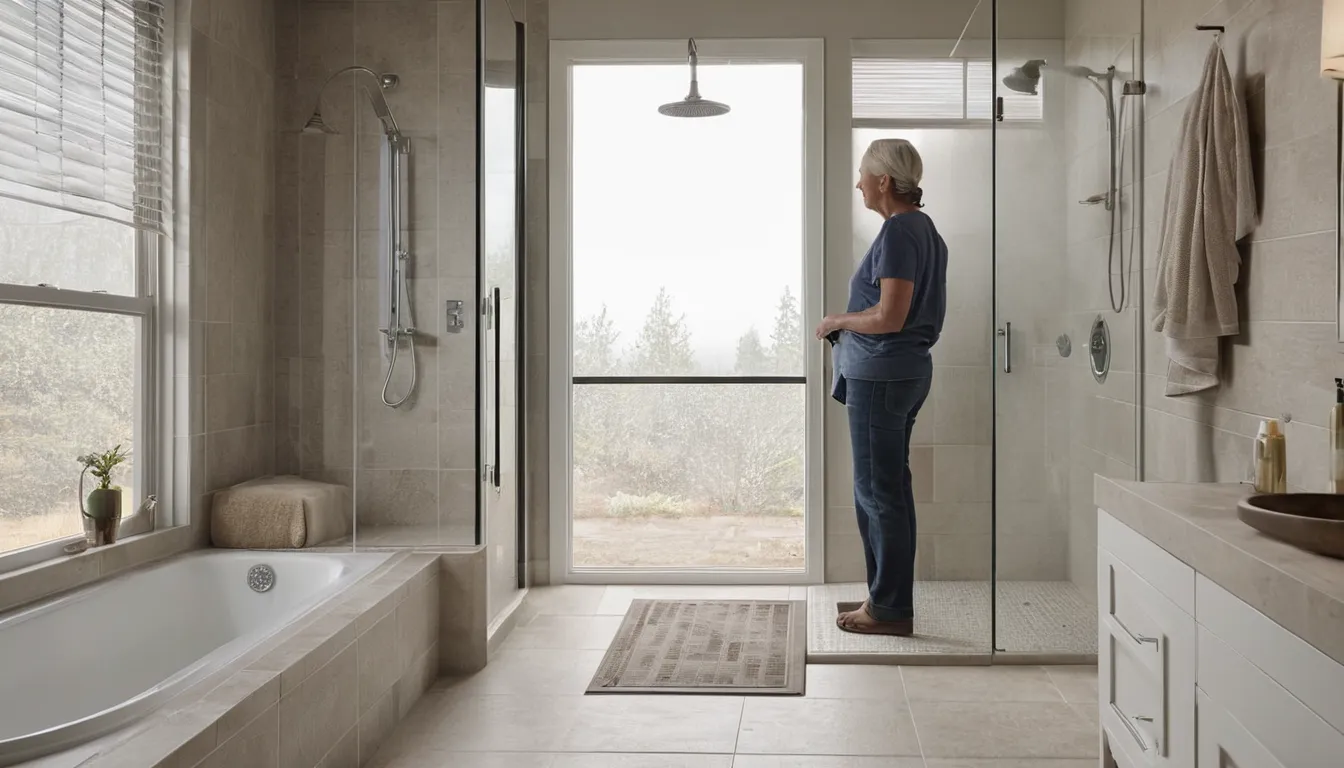 Bright, step-in accessible shower with a bench and grab bars in a West Sacramento home